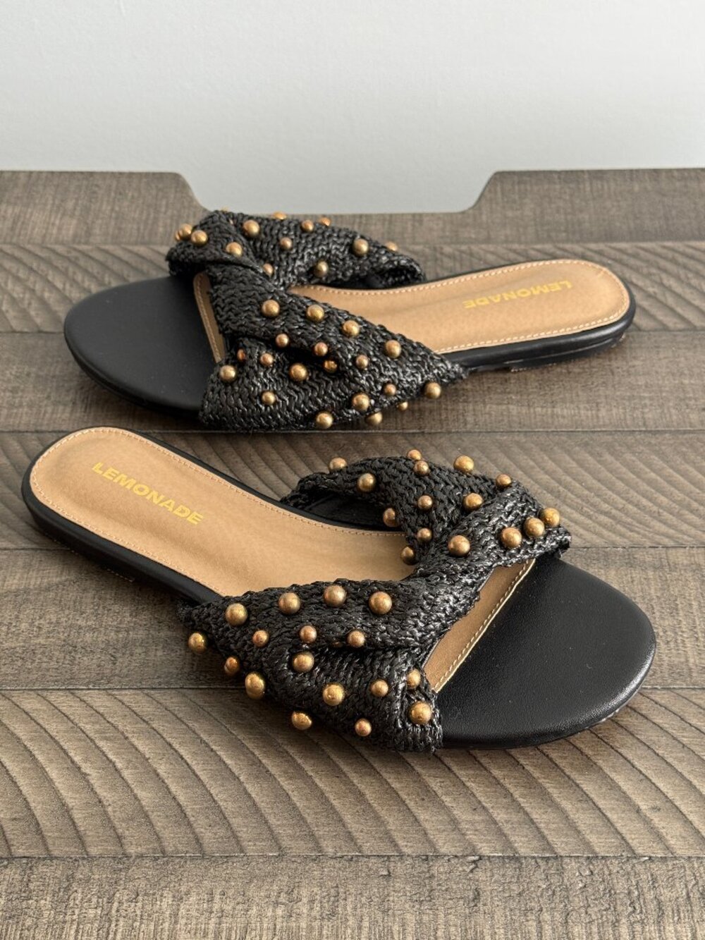 Lemonade Women’s Ysabel Black with Gold Studs Sandals Size 7.5